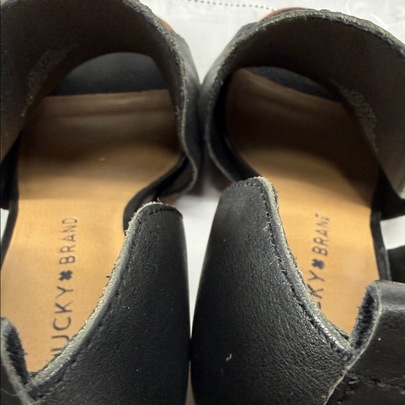 Lucky Brand Shoes Wm 7M Junai Black Leather D'Orsay Stacked Heel Bootie Open Toe - Picture 12 of 12